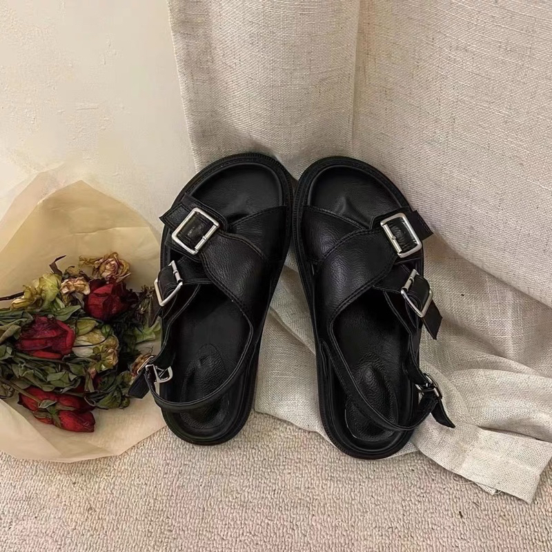 Dép sandal da quai chéo khuy cài vintage