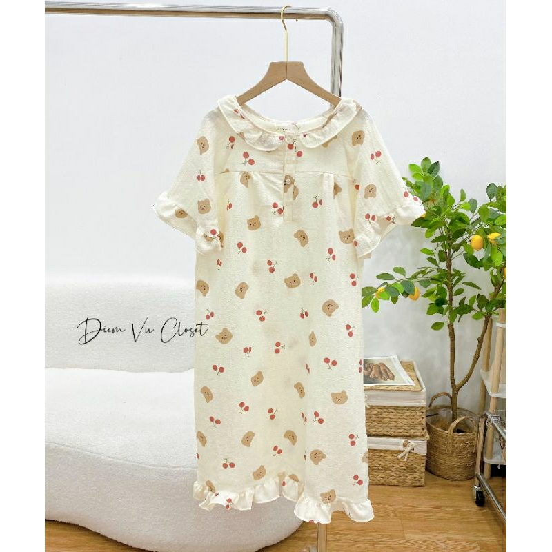 [Hình Thật] Đầm ngủ nữ chất đũi xốp/ đũi gân viền bèo tiều thư hoạ tiết cute | BigBuy360 - bigbuy360.vn