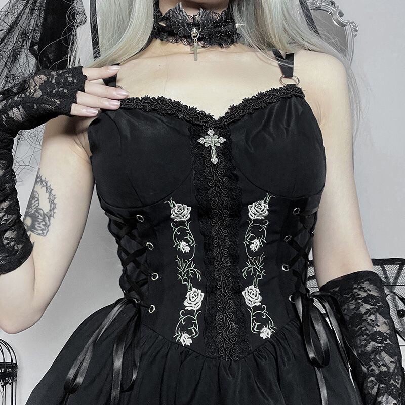 Váy hai dây dáng đầm ngắn xoè thêu hoa hồng thắt giả corset phong cách Gothic Dark FOOTMADE