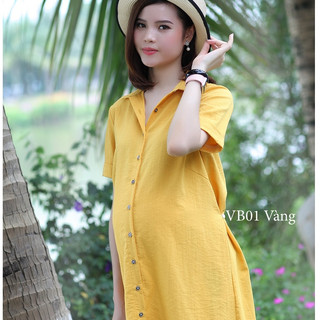 Đầm bầu có cổ tay ngắn, cúc thật đóng mở cho bé ti, màu sáng tôn da, chất đũi hàn siêu mát size tới 75kg