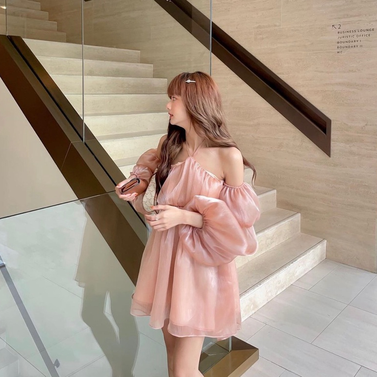 Đầm trễ vai cúp ngực cổ yếm tay dài voan tơ cao cấp phong cách bánh bèo tiểu thư Nu House kèm ảnh thật shop chụp