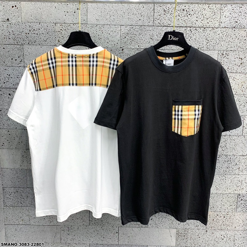 Áo phông nam nữ Premium Cotton phối thêu túi ngực mix lưng kẻ sọc caro vàng be BBR đơn giản dễ mặc