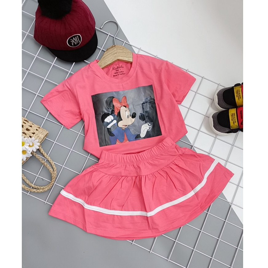 Set váy bé gái, Set chân váy viền trắng áo thun cotton in hình Mickey cho bé từ 10-35kg - NBSG7903