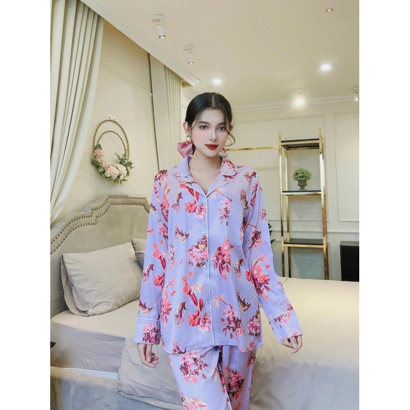 Bộ lụa TDQD, bộ lụa hàng Quảng Châu cao cấp in hoạ tiết hoa sang trọng hàng Vic xịn B160