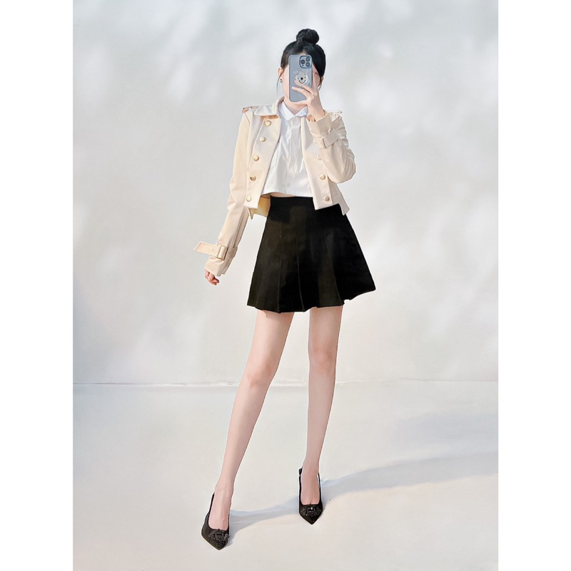 Trench coat croptop nút kim loại