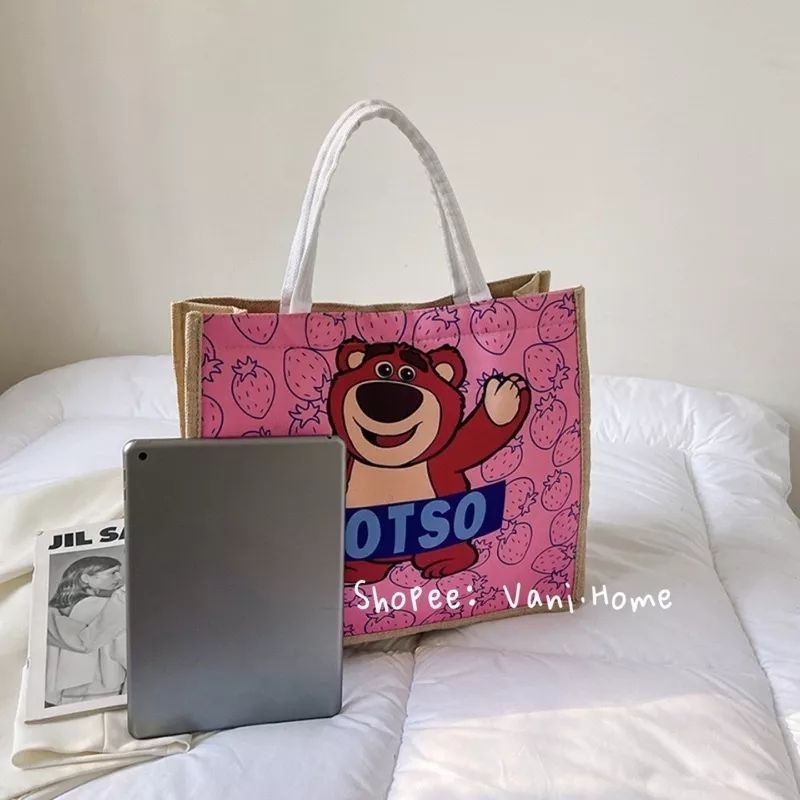 Túi Cói Lotso Gấu Dâu Xinh Xắn Túi Xách Cói Nữ, Túi  Tote Lotso gấu hồng
