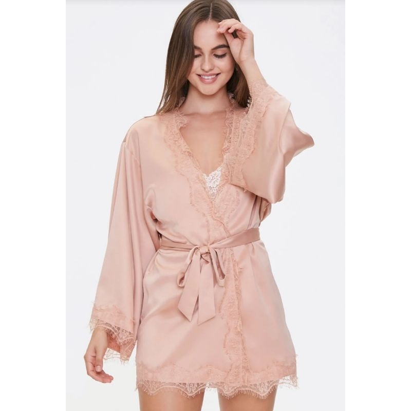 Áo kimono lụa satin F21 VNXK áo khoác choàng ngủ đi biển phối ren kèm dây buộc forever 21 xuất khẩu dư xịn