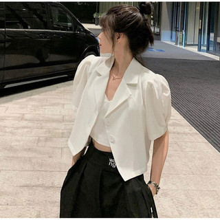 Áo blazer/ vest cổ sen tay bồng dáng ngắn Hàn Quốc basic