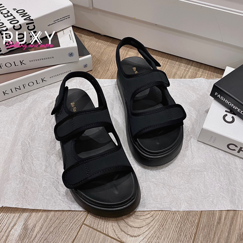 Xăng Đan Nữ 2 Quai Dán Vải Chống Thấm Nước Đế Cao Su 3cm Ruxy Đen_Nâu  G98180