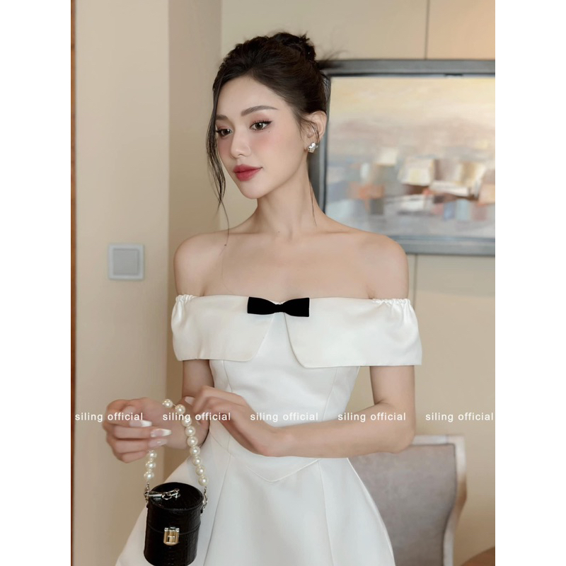 Set Áo TacTa Trễ Vai Nơ Mix Chân Váy Xếp Ly Sang Chảnh Kèm Ảnh Thật