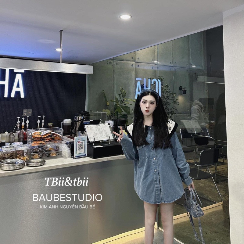 Áo sơ mi bò cổ ren siêu hot Bầu Bé