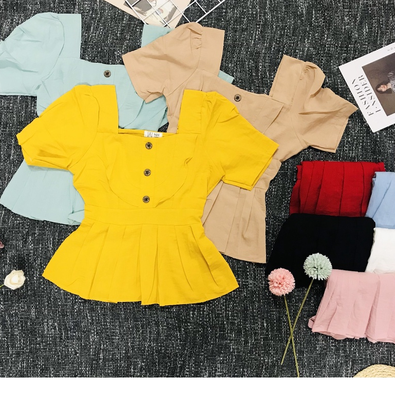 Áo Kiểu Tay Ngăn xếp ly vạt dưới Áo phối Nút Gỗ giữa thân chất vải Đũi Hàn