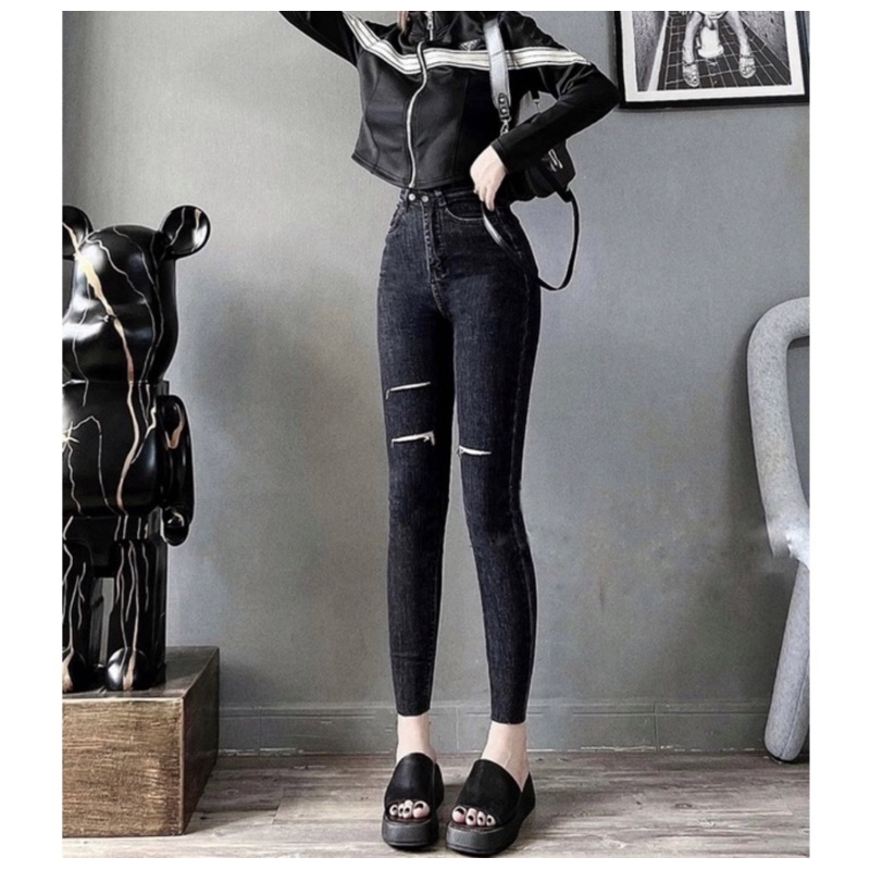 Quần Jean Nữ Skinny tiêu 2 Nút Rách/Trơn Tua lai. Jean Co Giãn - Lưng Cao Trên Rốn