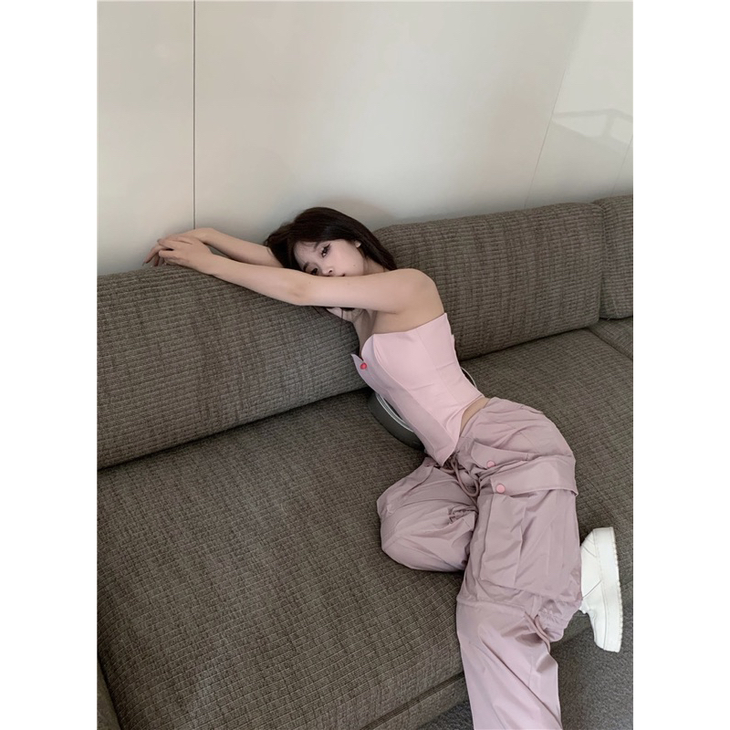 TKLIHN Set áo quây Da corset ULZZANG SEXY + Quần PINK ống rộng cá tính HIPHOP phong cách FASHIONITA 2023