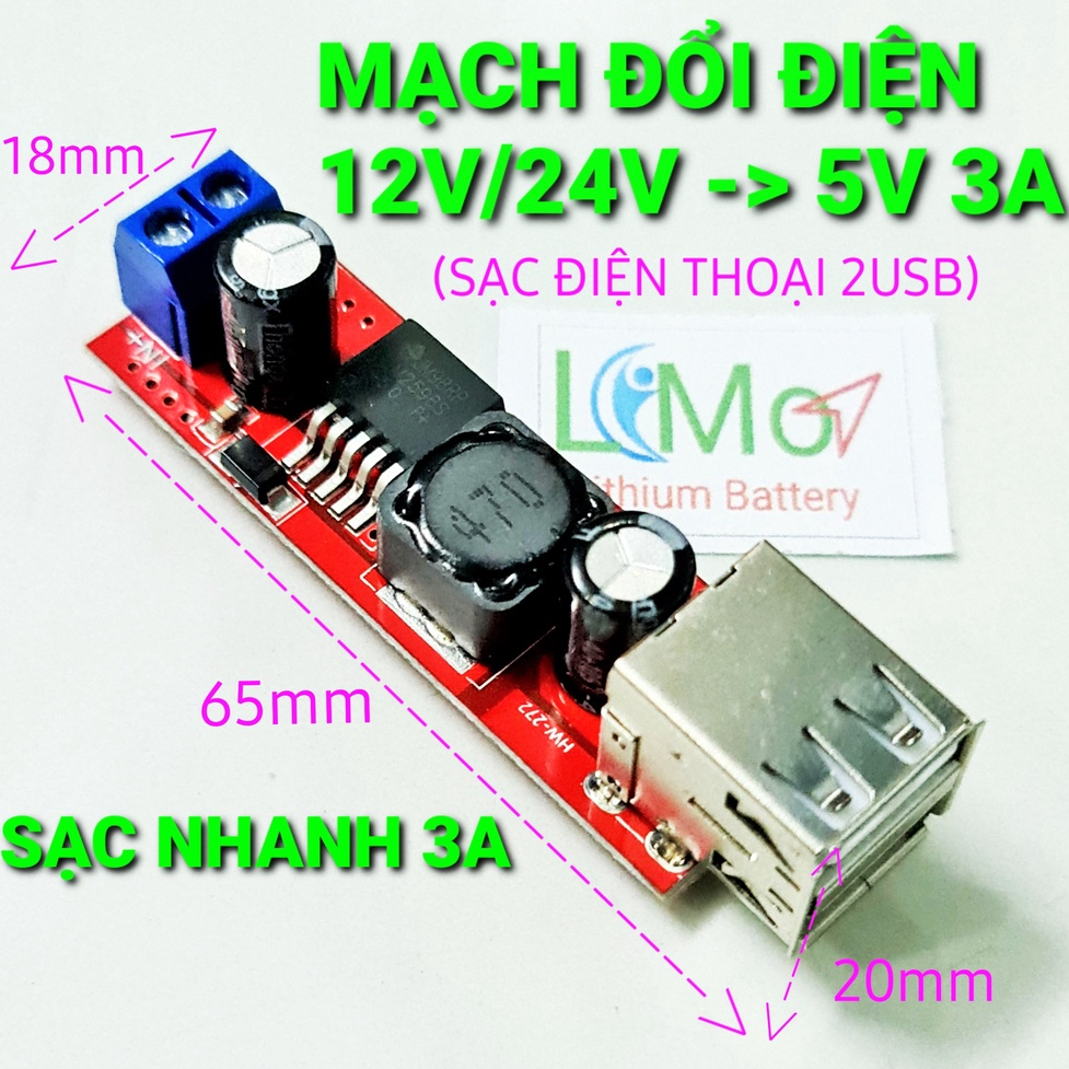 Mạch buck hạ áp 9V-24V xuống 5.2V 3A 2 Usb sạc điện thoại. Chế sạc điện thoại trên ô tô, xe máy, chế sạc dự phòng - LIMO