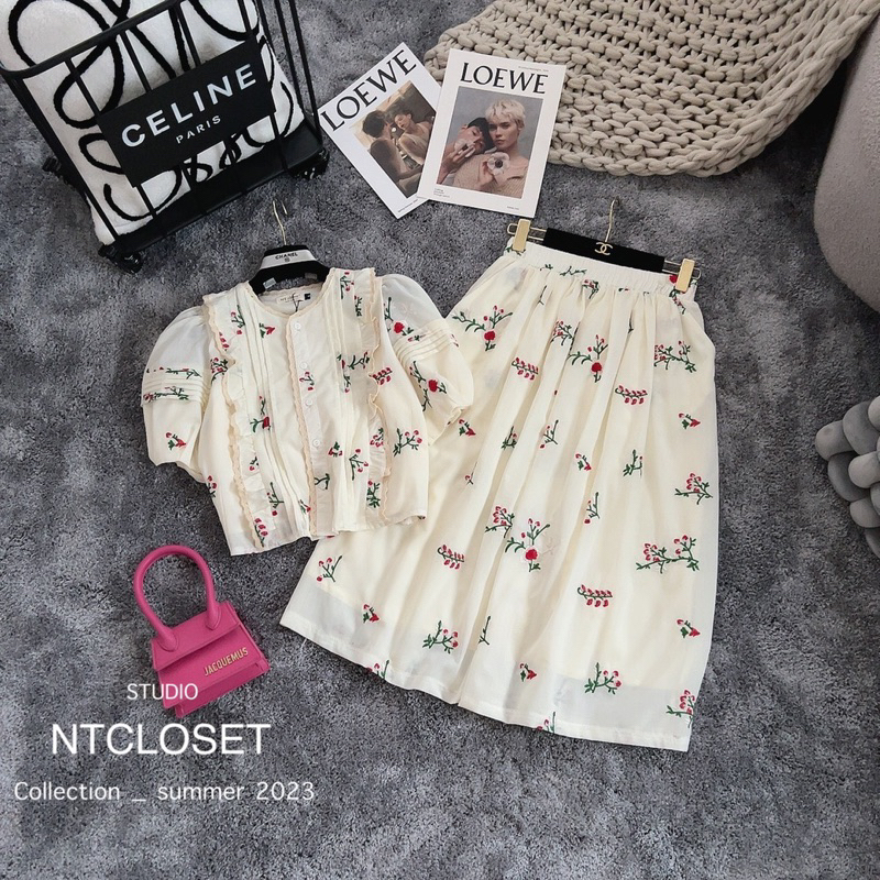 Set áo bèo mix chân váy midi thêu hoa ntcloset