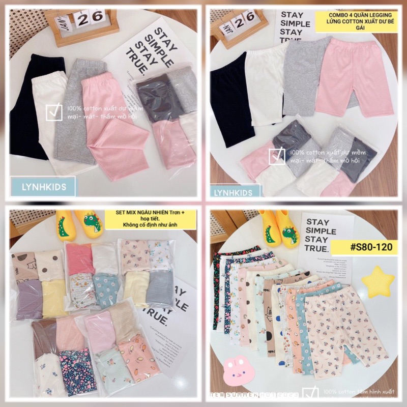 SP001669 Set 4 quần legging bé gái Chất cotton bozip 100% xuất dư vải chọn lọc, hàng có sẵn SP001904
