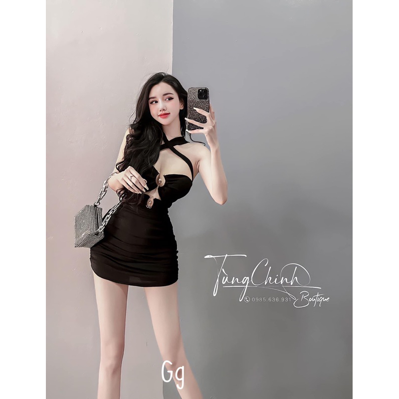 ĐẦM BODY CỔ YẾM CHÉO DÂY HỞ EO PHỐI KHOEN KHUYẾT DÁNG NGẮN SEXY NEW