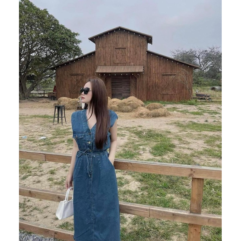 Đầm Jean Sát Nách Dáng Dài Rút Eo Mã QM