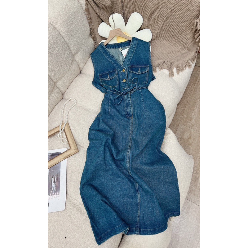 Đầm Jean Sát Nách Dáng Dài Rút Eo Mã QM