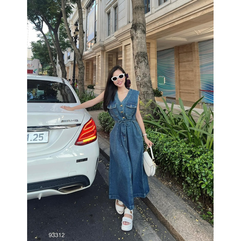 Đầm Jean Sát Nách Dáng Dài Rút Eo Mã QM