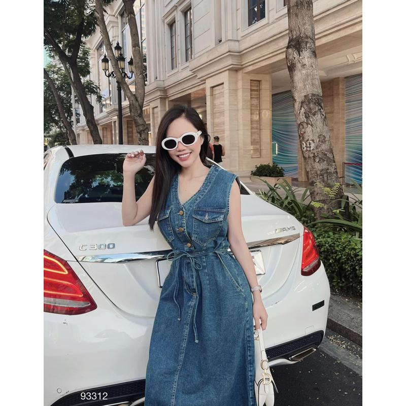 Đầm Jean Sát Nách Dáng Dài Rút Eo Mã QM