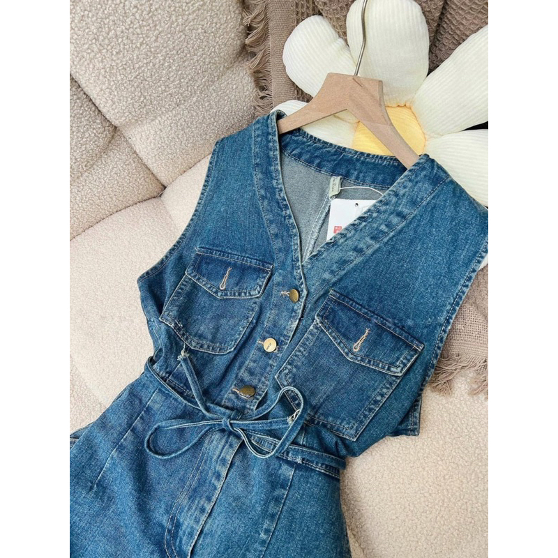 Đầm Jean Sát Nách Dáng Dài Rút Eo Mã QM