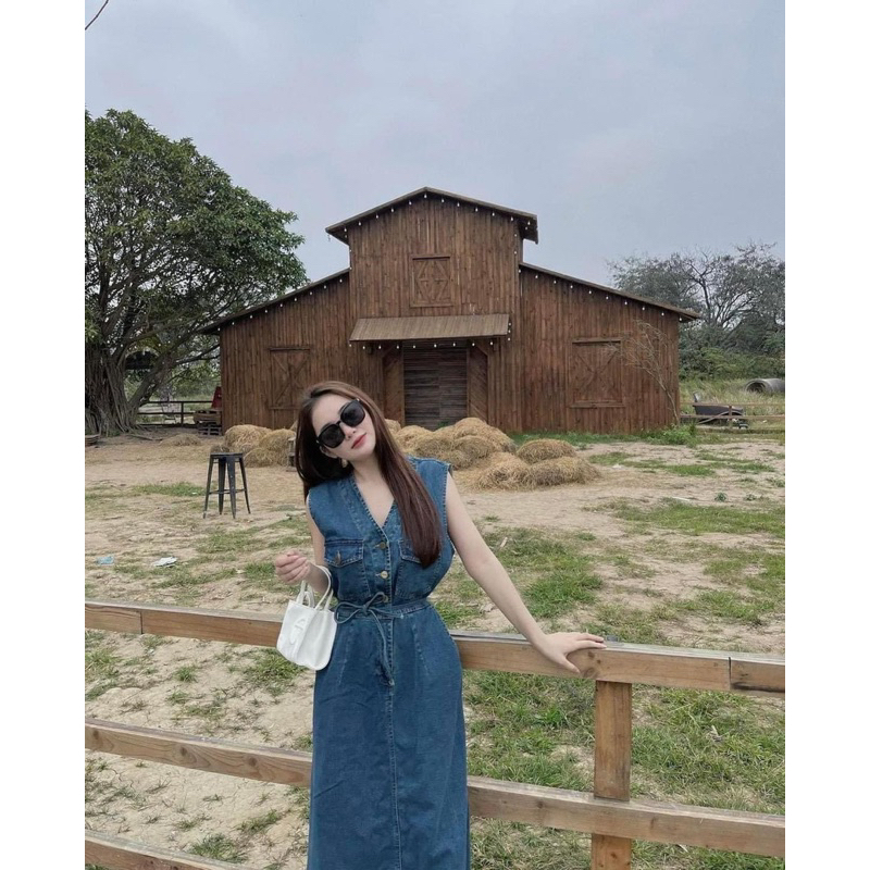 Đầm Jean Sát Nách Dáng Dài Rút Eo Mã QM