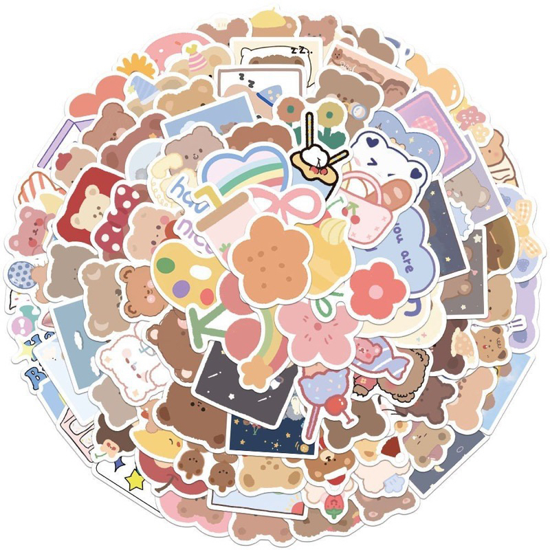 Set 100 Tấm Gấu Hoạt Hình Màu Hồng Dễ Thương