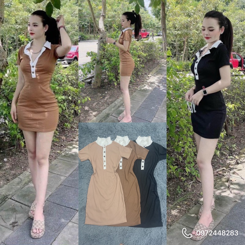 Đầm body thun ôm dáng tay ngắn cổ trụ