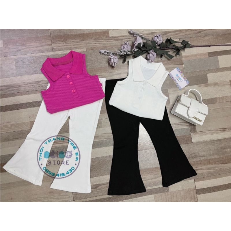 Bộ quần ống loe và áo thun polo sát nách cho bé gái