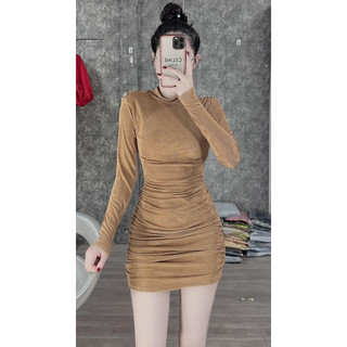 Đầm body nhún ôm tay dài phối nút chất thun nhũ