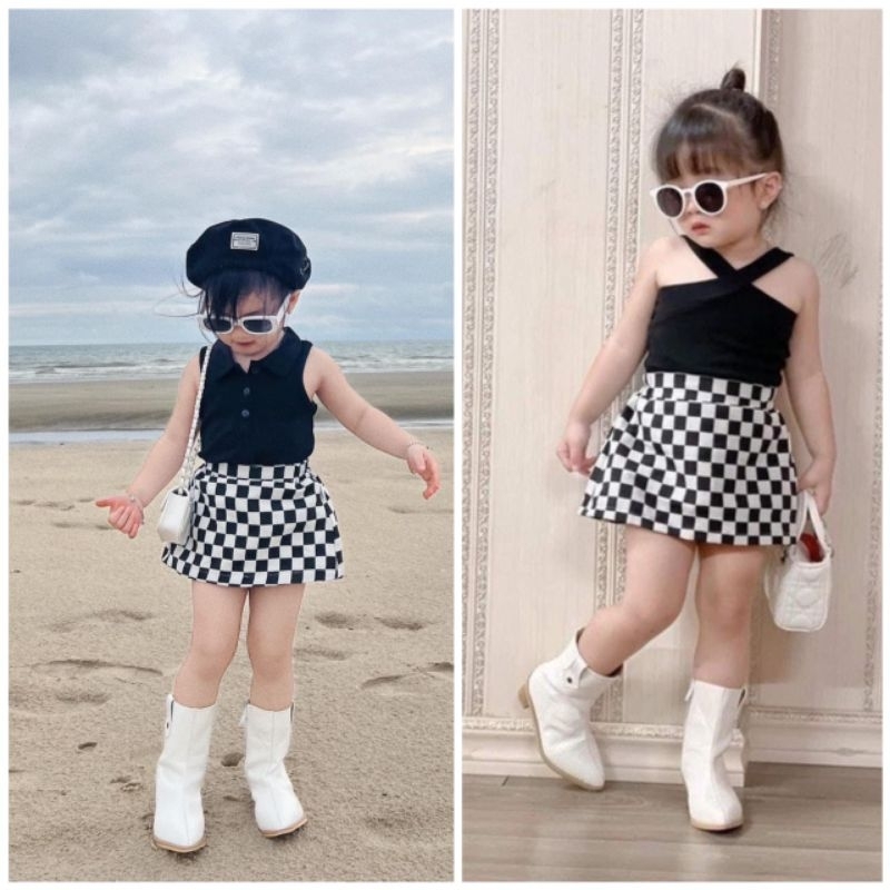 Chân váy kẻ , áo thun cổ polo , áo thun 2 dây cho bé gái