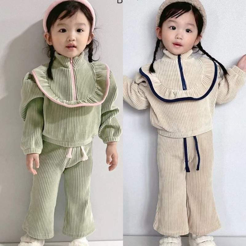 Bộ thể thao thu đông cho bé gái xanh be model 2023
