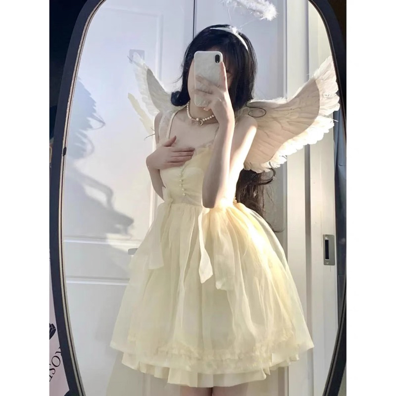 Váy 2 Dây Vàng Kem Ulzzang - Kèm ảnh thật, váy đầm công chúa, dự tiệc, tiểu thư, nàng thơ, sang chảnh