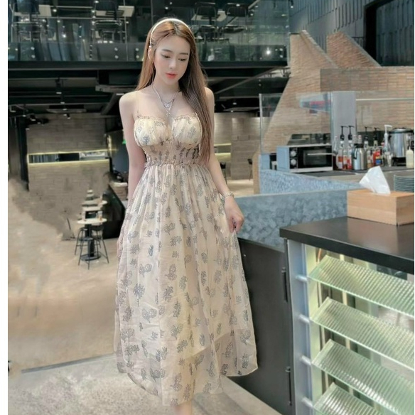 Đầm thời trang nữ chất voan hoa in 3D có mút cổ dây hở lưng bo eo dáng váy xoè maxi siêu xinh