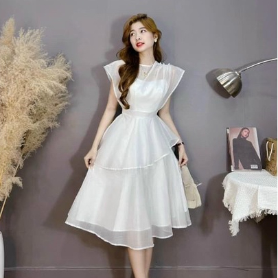 Đầm thời trang nữ chất voan kèm lót cổ tròn tay cánh xẻ váy xoè maxinhiều tầng