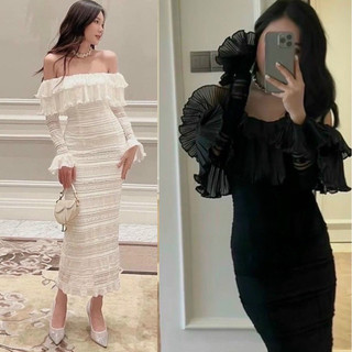 Đầm midi ren xô hoa trễ vai tầng tay loe