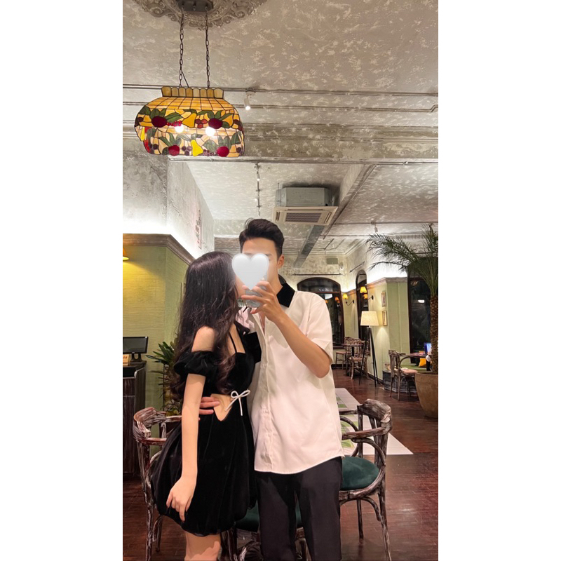 Set couple Áo sơ mi cổ nhung , Đầm nơ ngọc đính đá