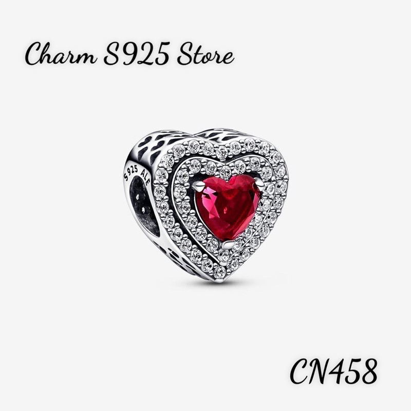 CHARM PAN ALE TIM ĐÍNH ĐÁ ĐỎ VIỀN ĐÁ TRẮNG NHỎ BẠC S925 THUẦN KHIẾT HÀNG CAO CẤP