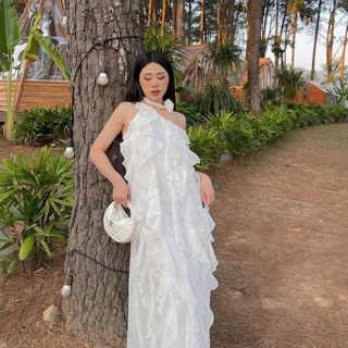 Đầm Ashley suông lệch vai bèo tua rua tơ đũi phối bèo - TKCC
