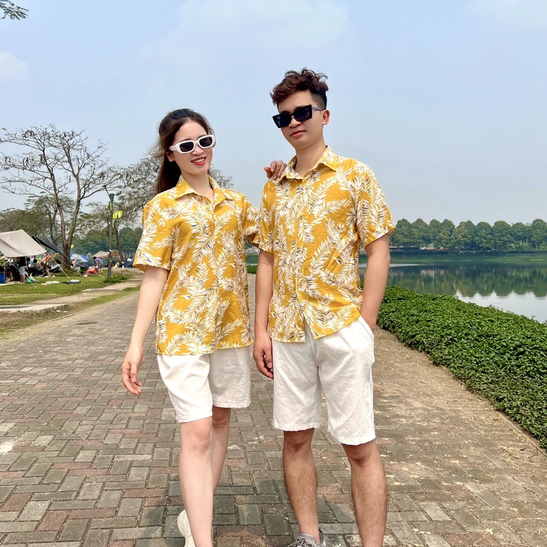 Áo Sơ Mi Đi Biển Màu Vàng, Vải Tơ Đũi Cao cấp