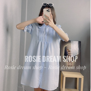 Váy babydoll cổ sen tay bồng chất đũi xốp xanh, Đầm lolita tiểu thư ROSIE