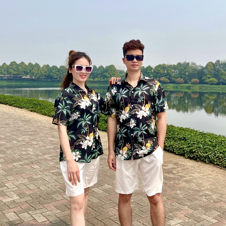 Áo Sơ Mi Đi Biển, Somi Hawai họa tiết cây dừa màu đen