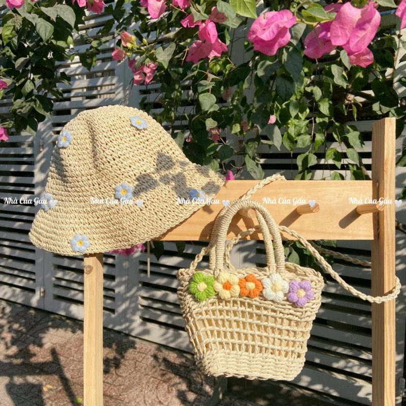 Set nón cói, túi cói hoa xinh xỉu