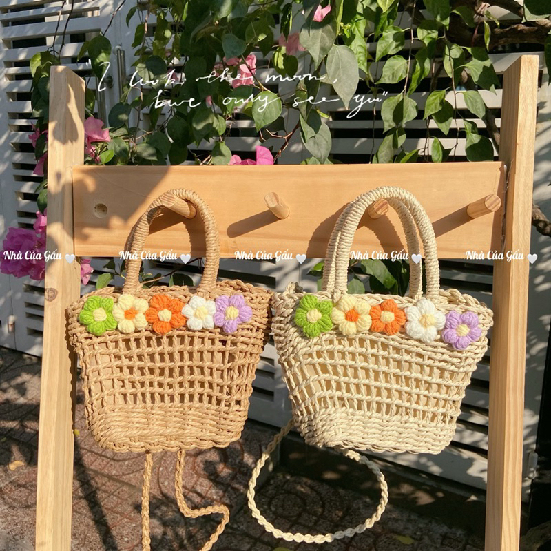Set nón cói, túi cói hoa xinh xỉu