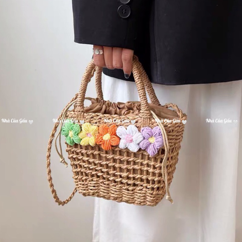 Set nón cói, túi cói hoa xinh xỉu