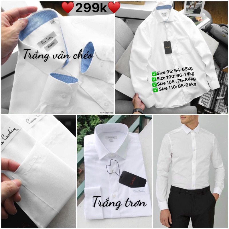 Sơ mi nam pier.cardin trắng vân chéo/trắng trơn dài tay cao cấp