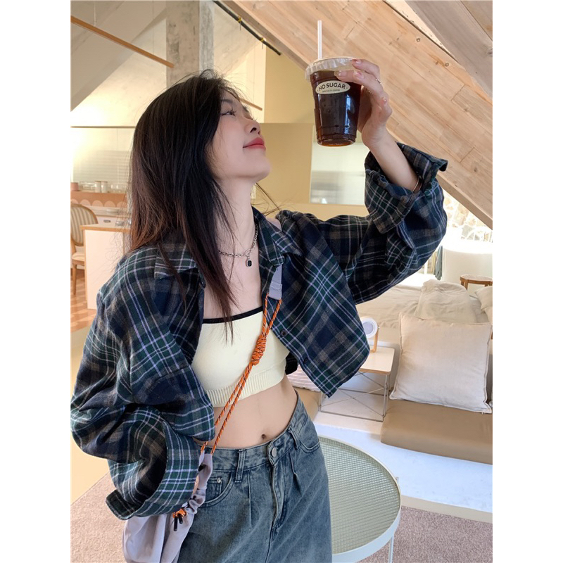 Áo Sơ Mi Croptop Ngắn Kẻ Sọc Caro Xanh Đen Dài Tay Cá Tính Mùa Hè Nữ Sinh Năng Động