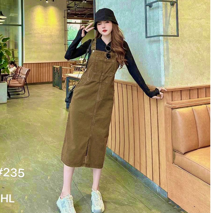 Váy yếm bò dài túi trước HL103 -Yếm jean xẻ dáng chữ A lên phom giữ dáng phong cách Hàn Quốc- tsstore95